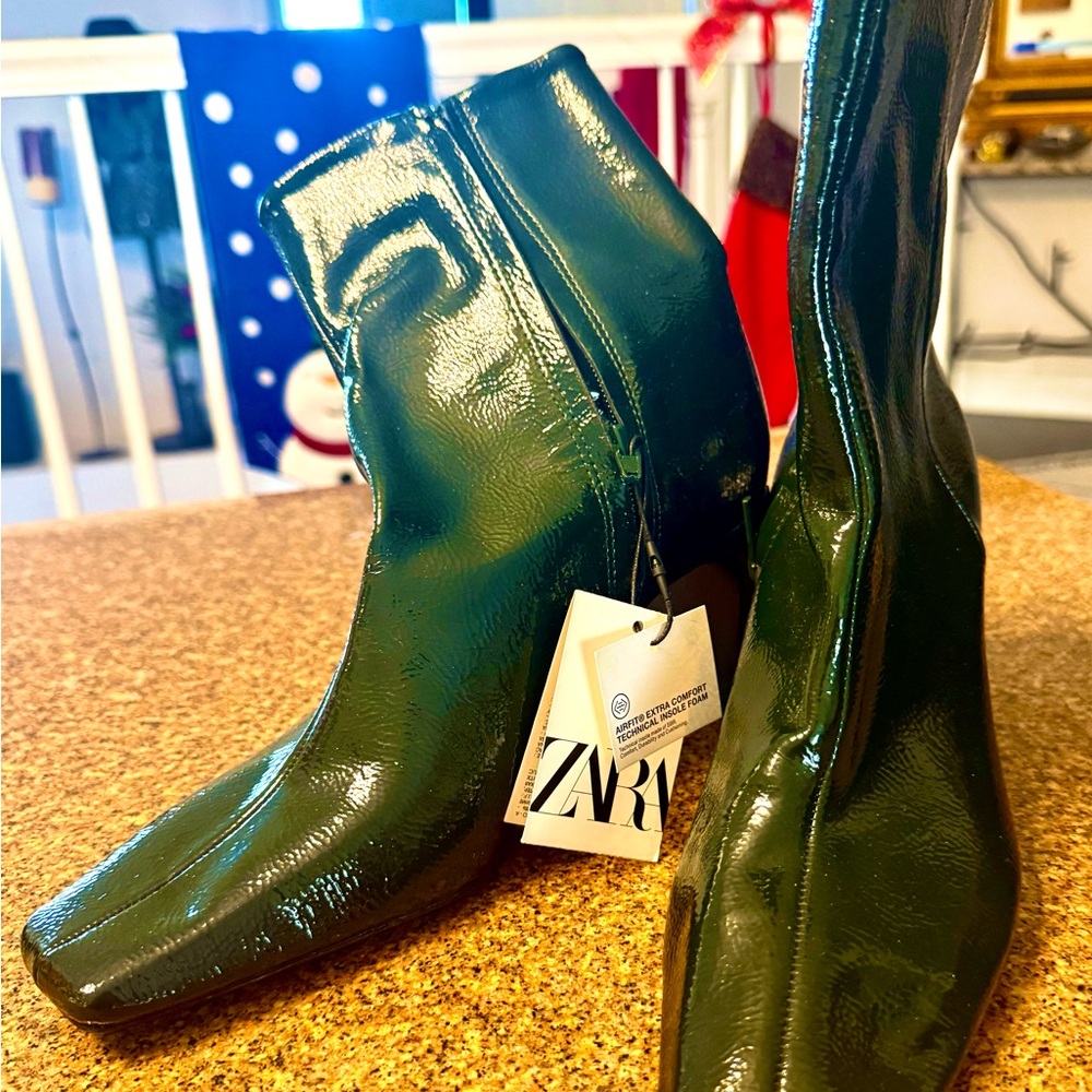 Zara Dark Green Patent Square-Toe Ankle Boots